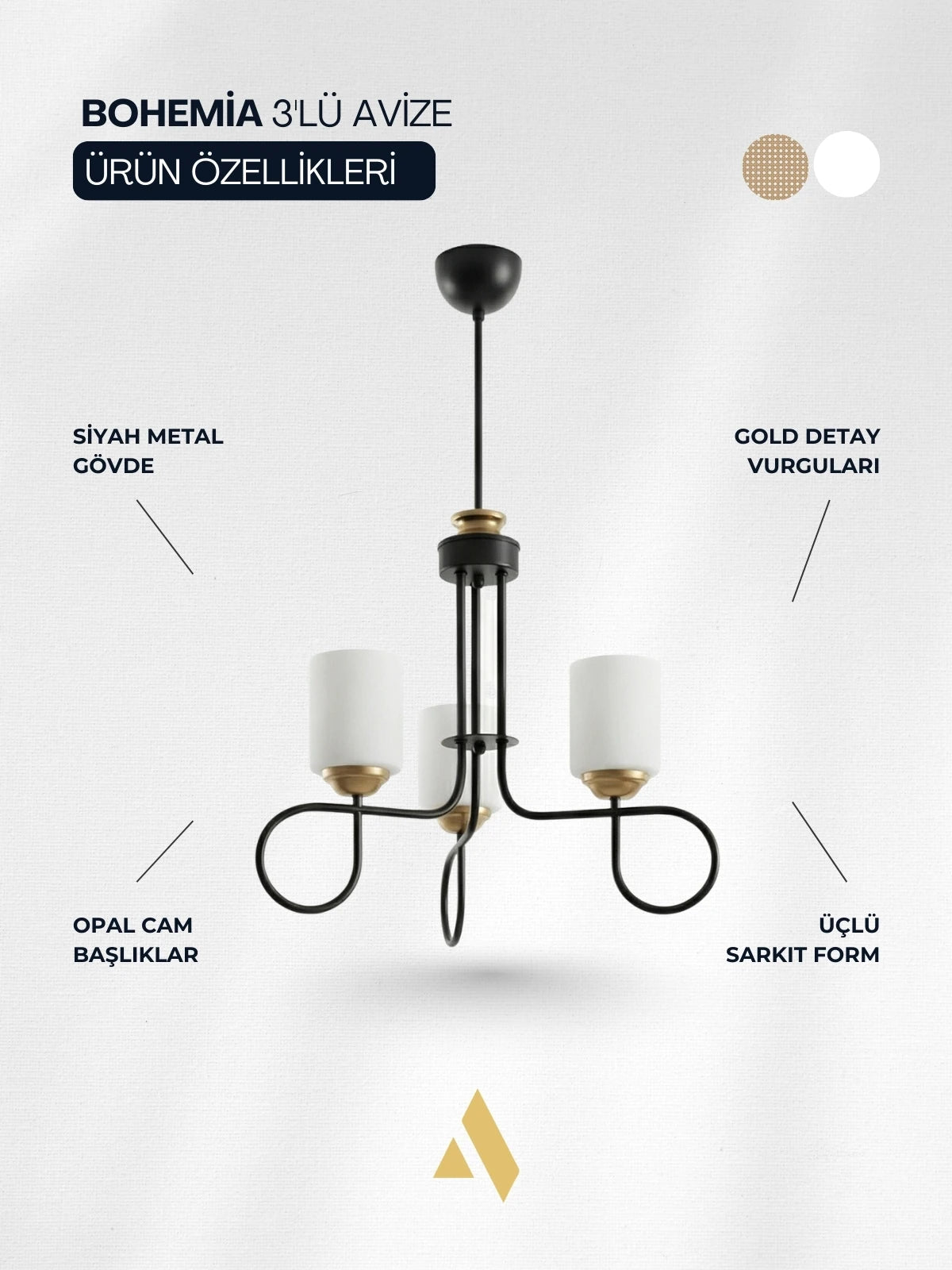 Flow 3’lü Cam Avize | Beyaz Opal Camlı, Modern Gold Detaylı Tavan Aydınlatması