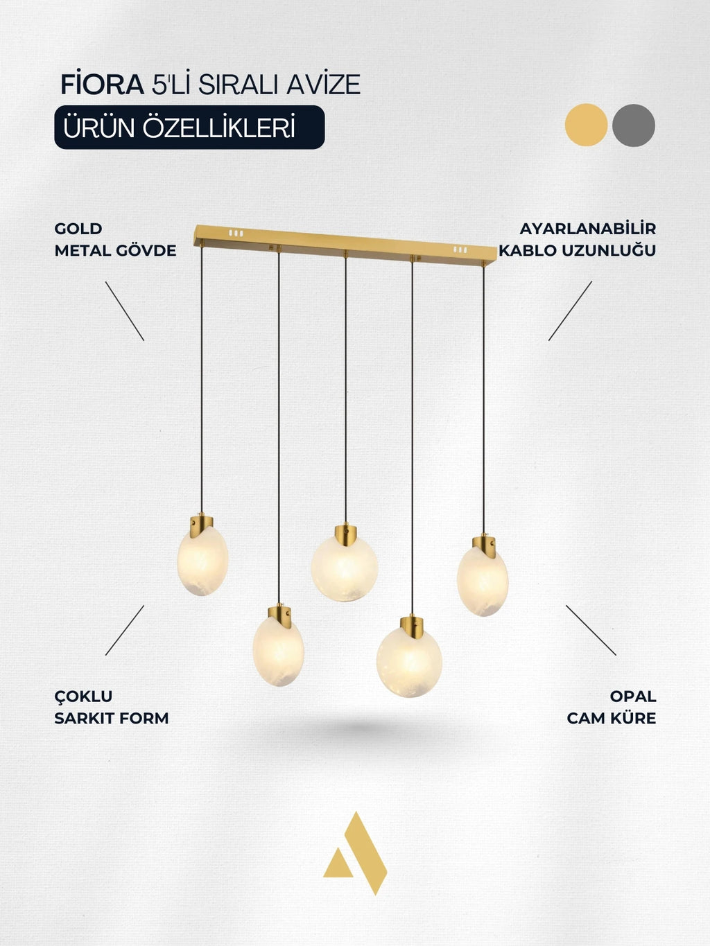 Fiora 5’li Sıralı Avize | Opal Camlı, Gold & Silver Yemek Masası Aydınlatması