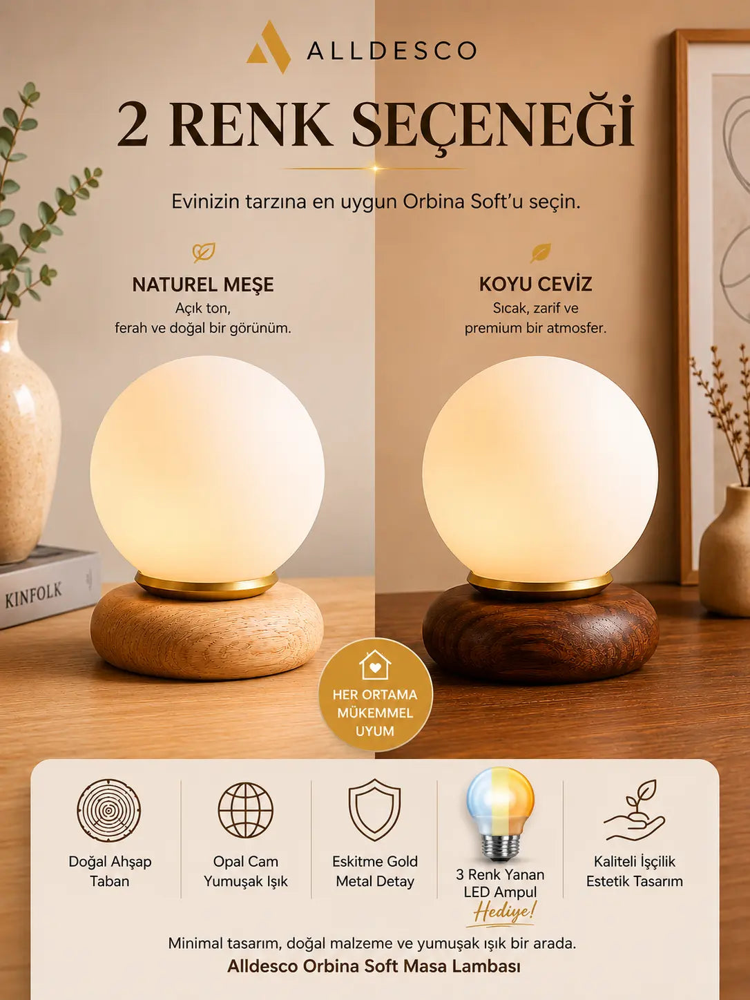 Alldesco Orbina Soft Opal Cam Masa Lambası – Ahşap Tabanlı Minimal Abajur