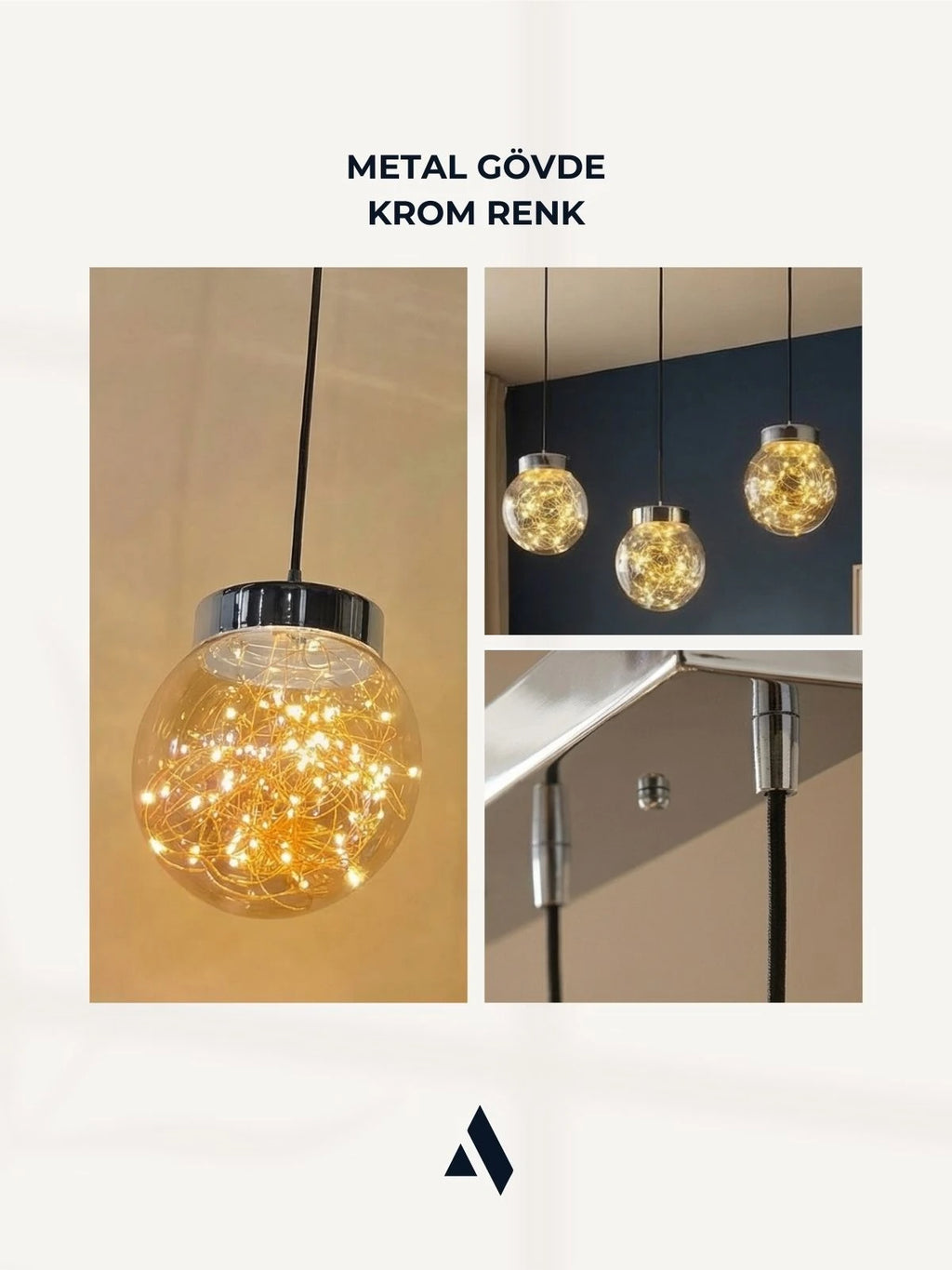 Glow 3’lü Sıralı Peri LED Avize – Cam Küre Dekoratif Yemek Masası Avizesi