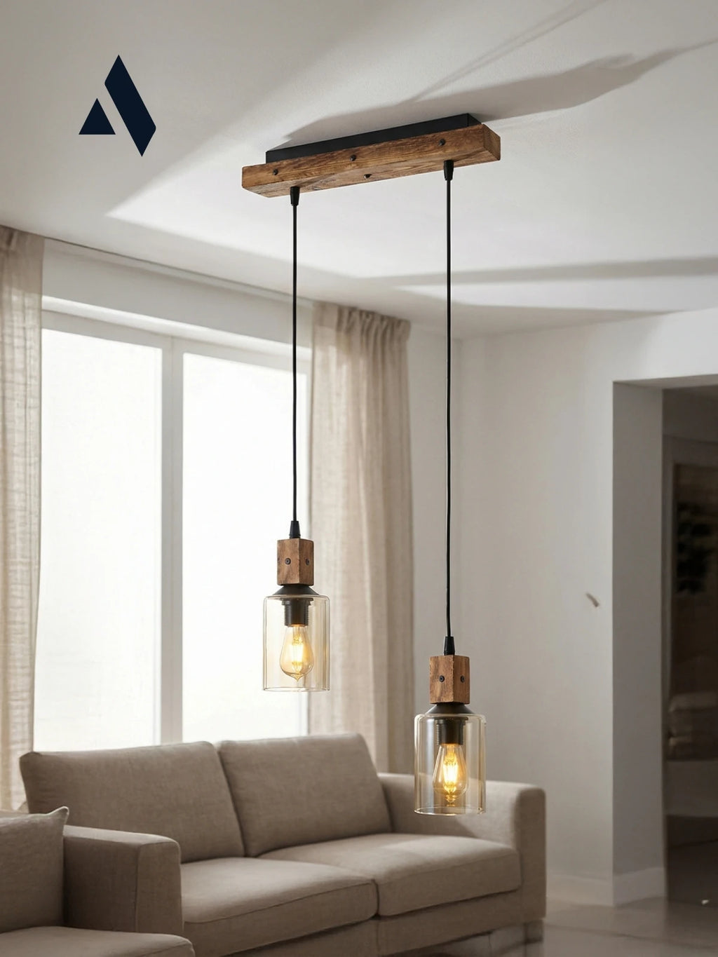 Altira 2'li Ahşap Sarkıt Avize – Modern Camlı Sıralı Mutfak ve Yemek Masası Avizesi