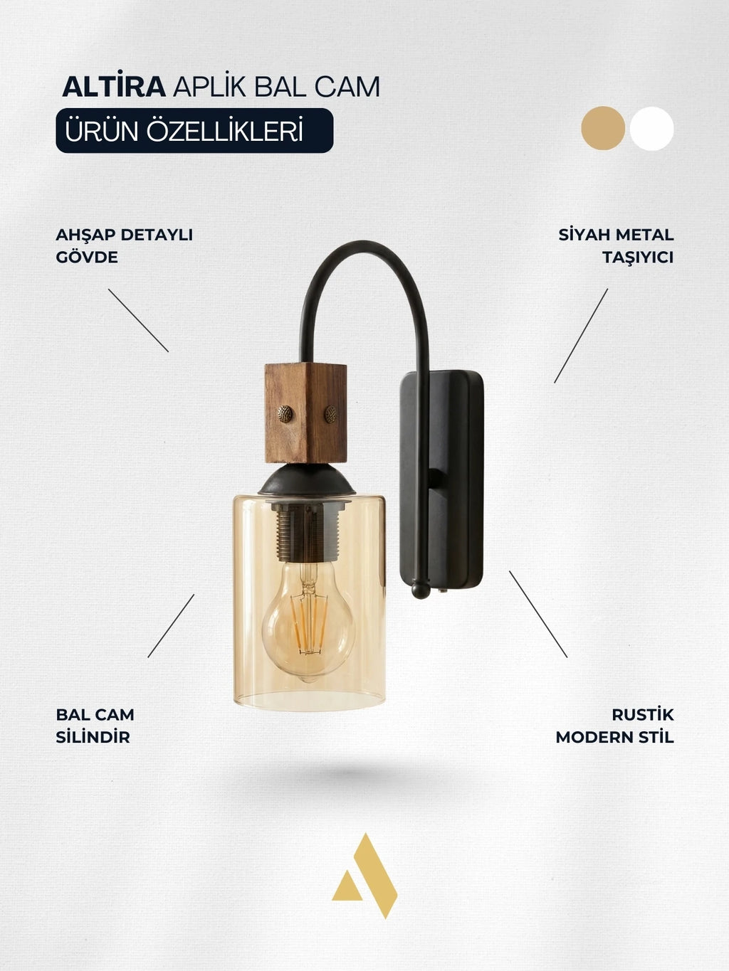 Altira Ahşap Süslemeli Duvar Apliği – Rustik Modern Stil, Opal ve Bal Camlı