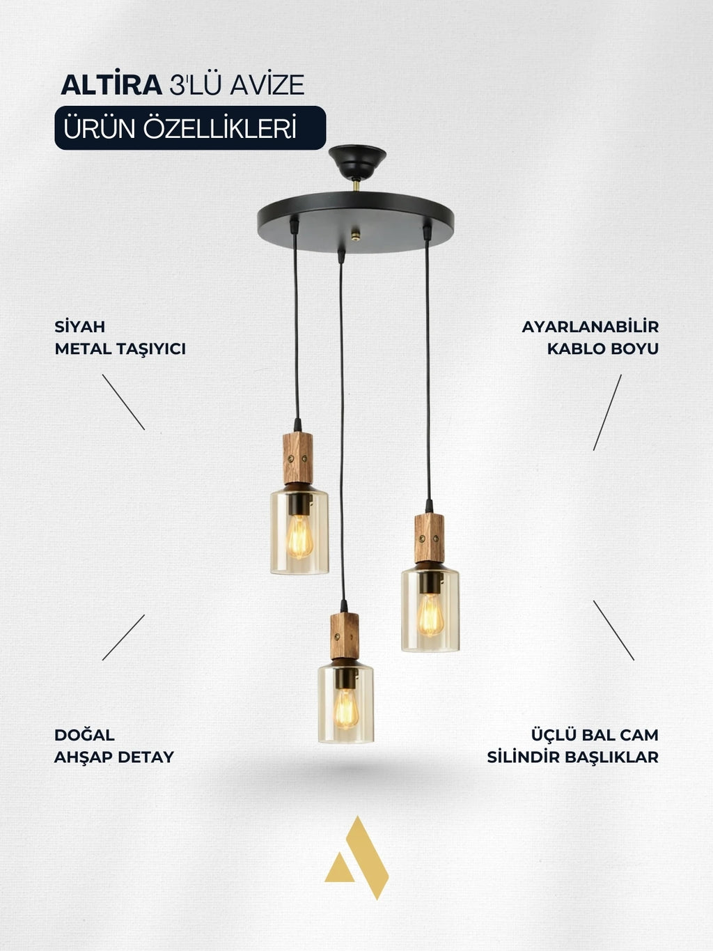 Altira 3'lü Ahşap Sarkıt Avize – Modern Camlı Tepsili Dekoratif Salon ve Yemek Masası Avizesi