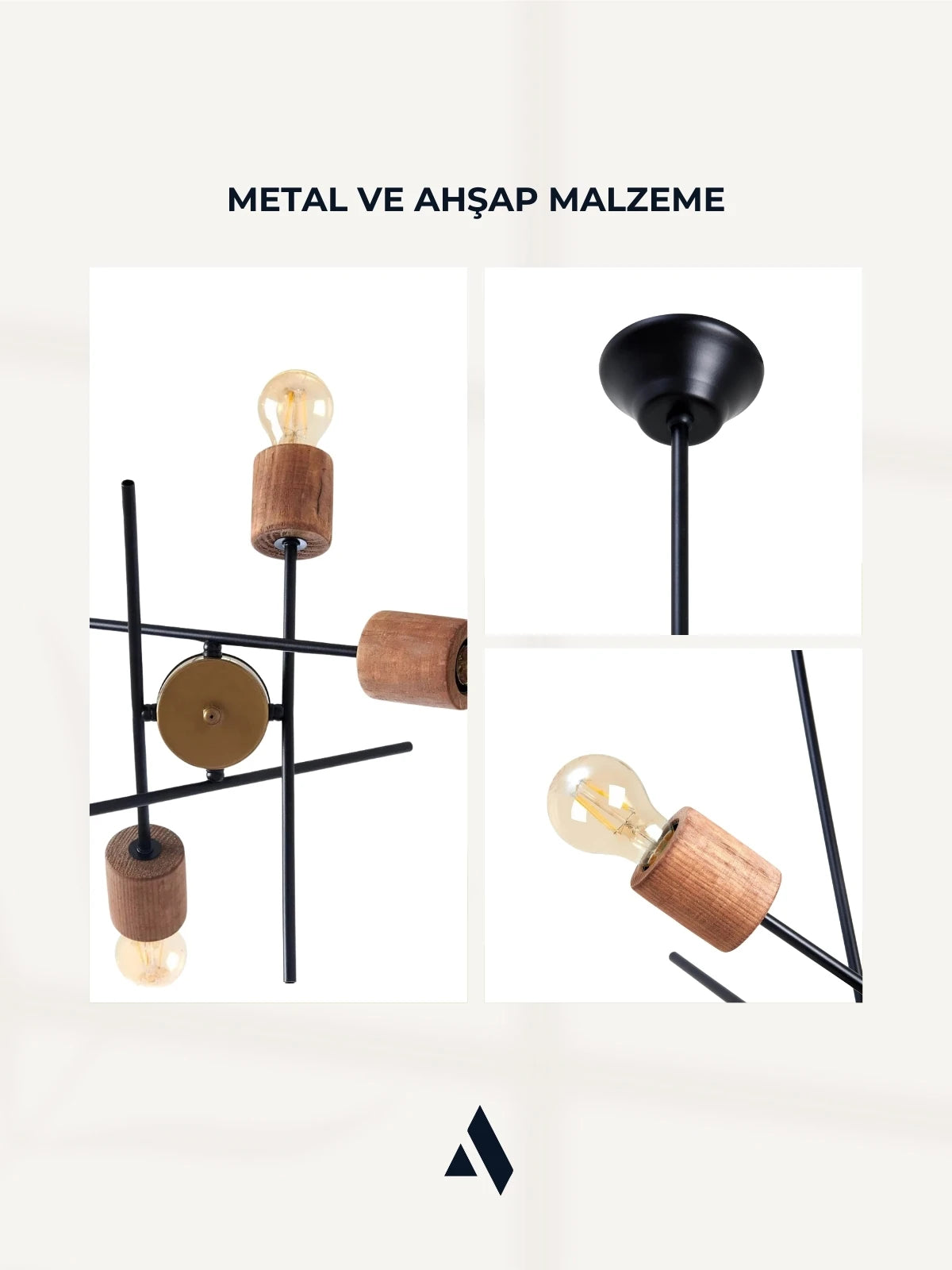 Astrex 4 Ampullü Modern Avize | Ahşap Detaylı, Çapraz Gövdeli Tavan Aydınlatması