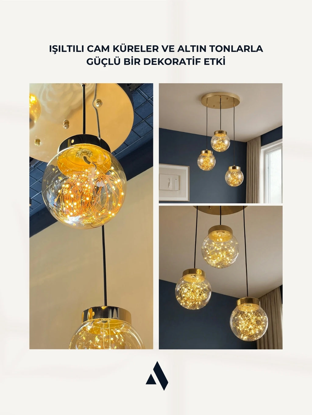 Glow 3’lü Peri LED Avize – Bal / Füme Cam Küreli Modern Sarkıt Avize (Gold & Krom Kaplama)
