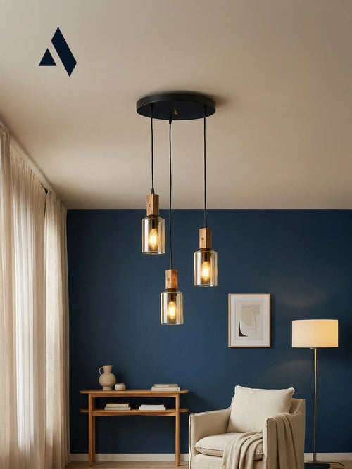 Altira 3'lü Ahşap Sarkıt Avize – Modern Camlı Tepsili Dekoratif Salon ve Yemek Masası Avizesi