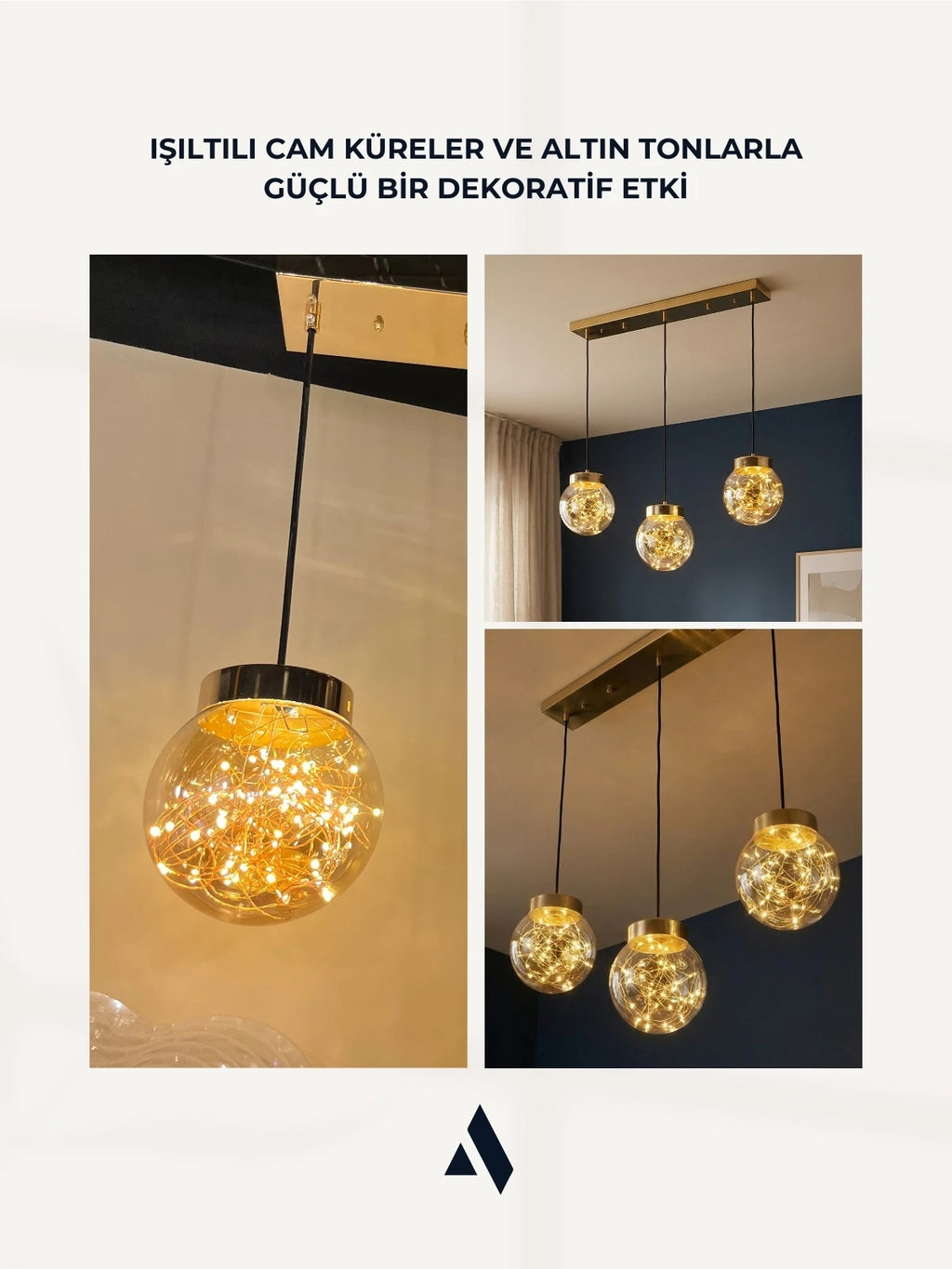 Glow 3’lü Sıralı Peri LED Avize – Cam Küre Dekoratif Yemek Masası Avizesi