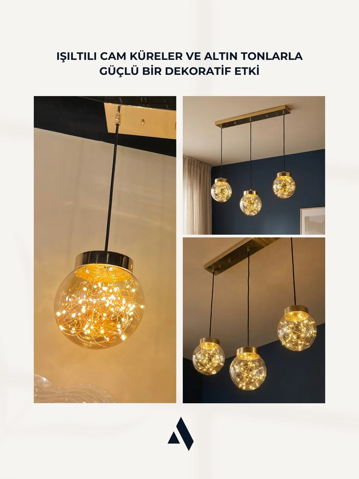 Glow 3’lü Sıralı Peri LED Avize – Cam Küre Dekoratif Yemek Masası Avizesi
