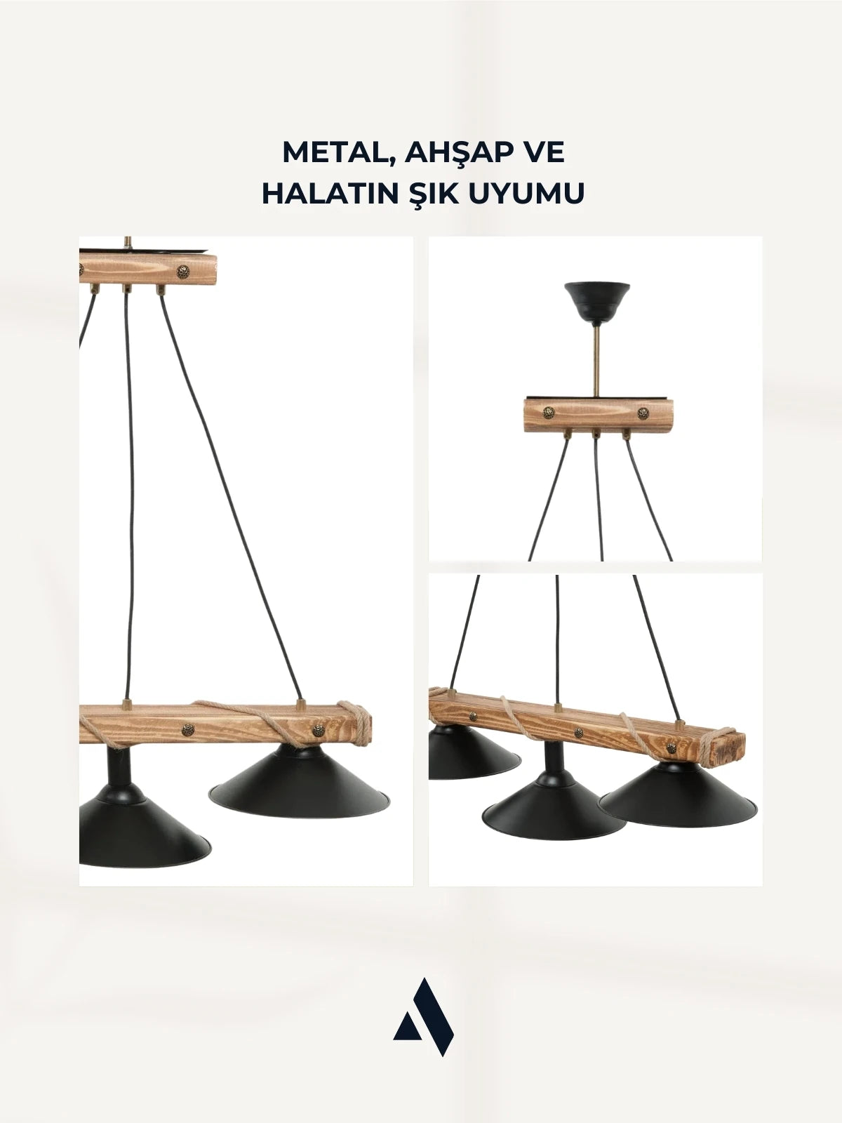 Corten Endüstriyel 3’lü Avize – Halatlı Ahşap Gövde, Siyah Başlık