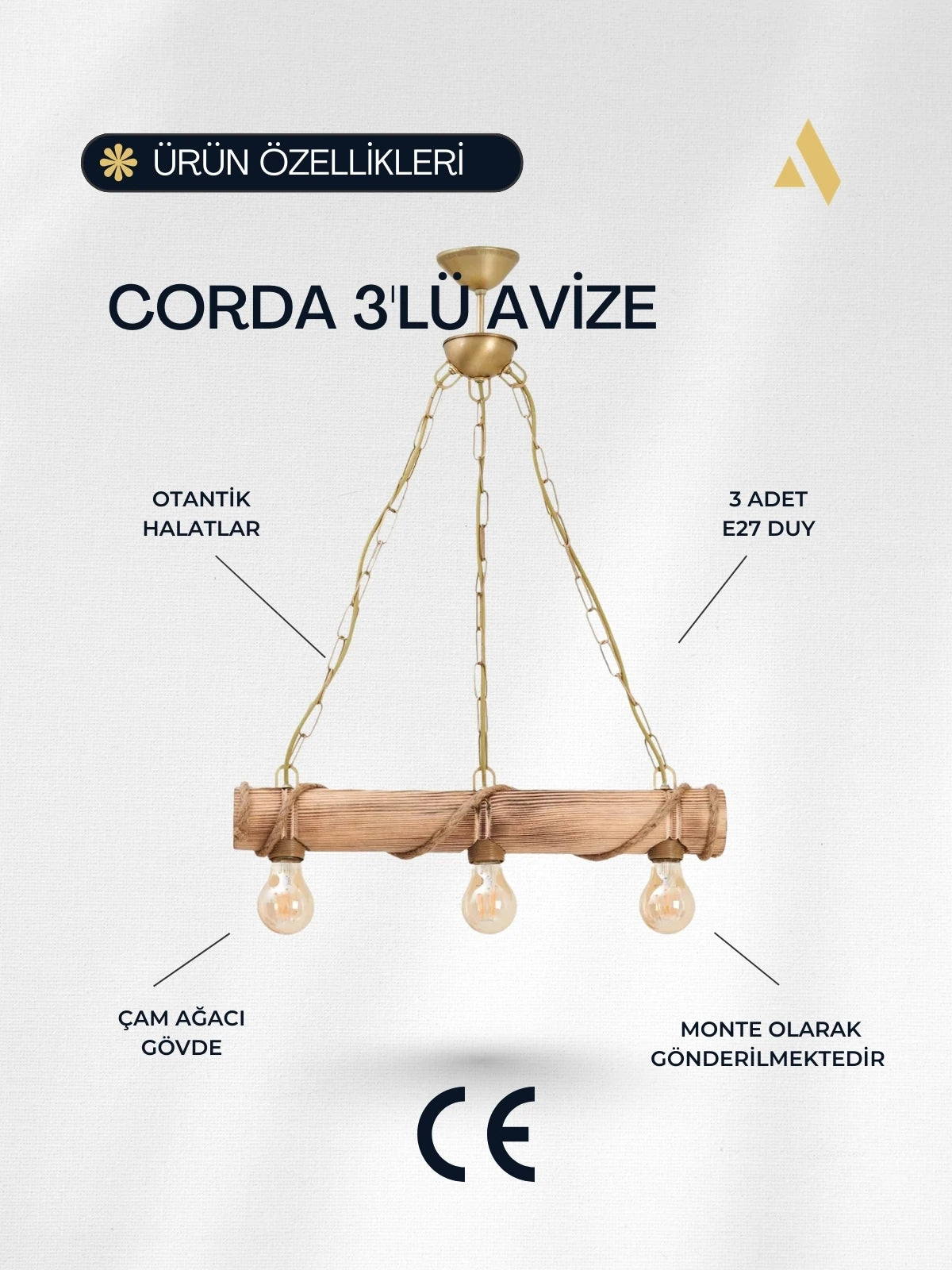 Corda 3’lü Halatlı Rustik Avize | Ahşap Gövde, Zincir Askılı Çiftlik Tarzı Sarkıt