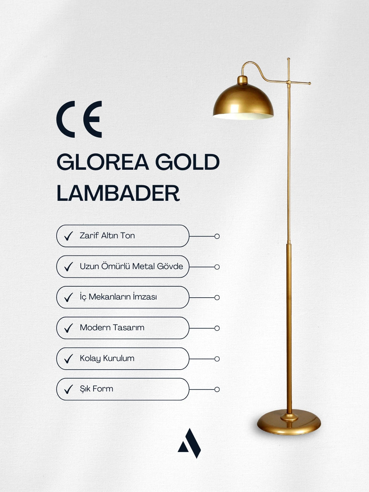 Glorea Metal Lambader – Eskitme Gold & Beyaz | Modern, Dekoratif ve Zarif Yer Aydınlatması