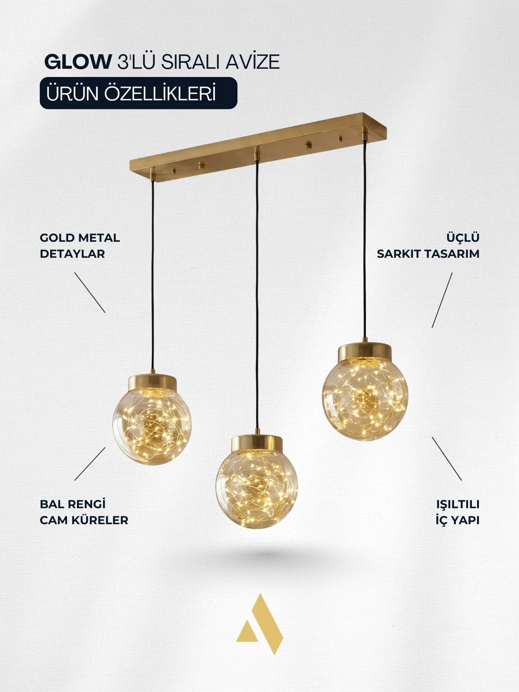 Glow 3’lü Sıralı Peri LED Avize – Cam Küre Dekoratif Yemek Masası Avizesi