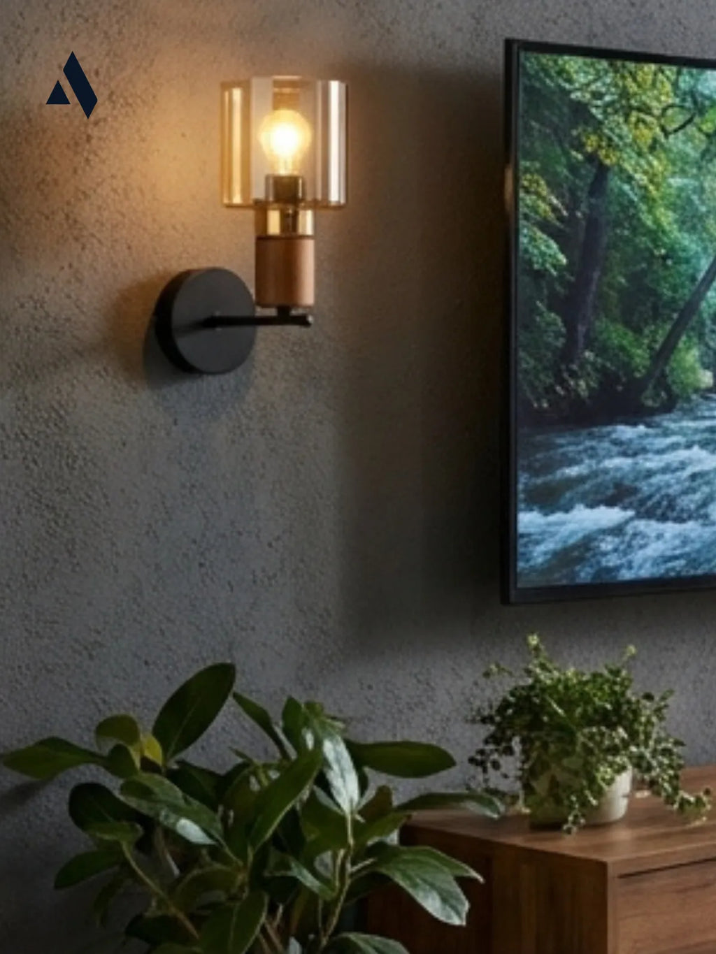 Elyra Modern Dekoratif Duvar Aplik – Ahşap Detaylı Camlı Aydınlatma