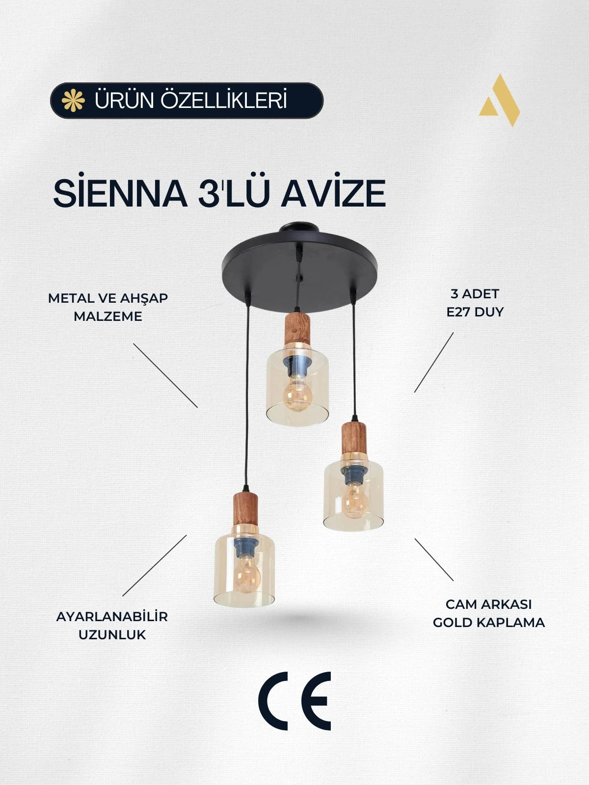 Sienna 3’lü Cam Sarkıt Avize – Ahşap ve Gold Detay, Ayarlanabilir uzunluk, Siyah Tavan Tepsili