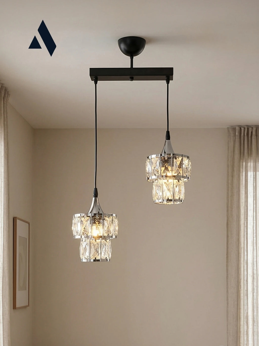 Crysten Luxe 2’li Kristal Taşlı Sarkıt Avize | Gold & Krom Başlıklı Modern Lüks Aydınlatma