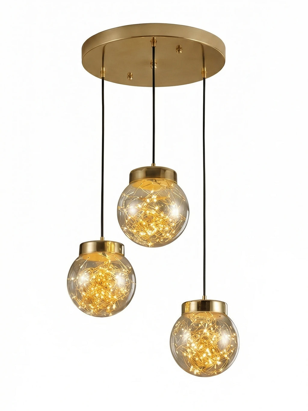 Glow 3’lü Peri LED Avize – Bal / Füme Cam Küreli Modern Sarkıt Avize (Gold & Krom Kaplama)