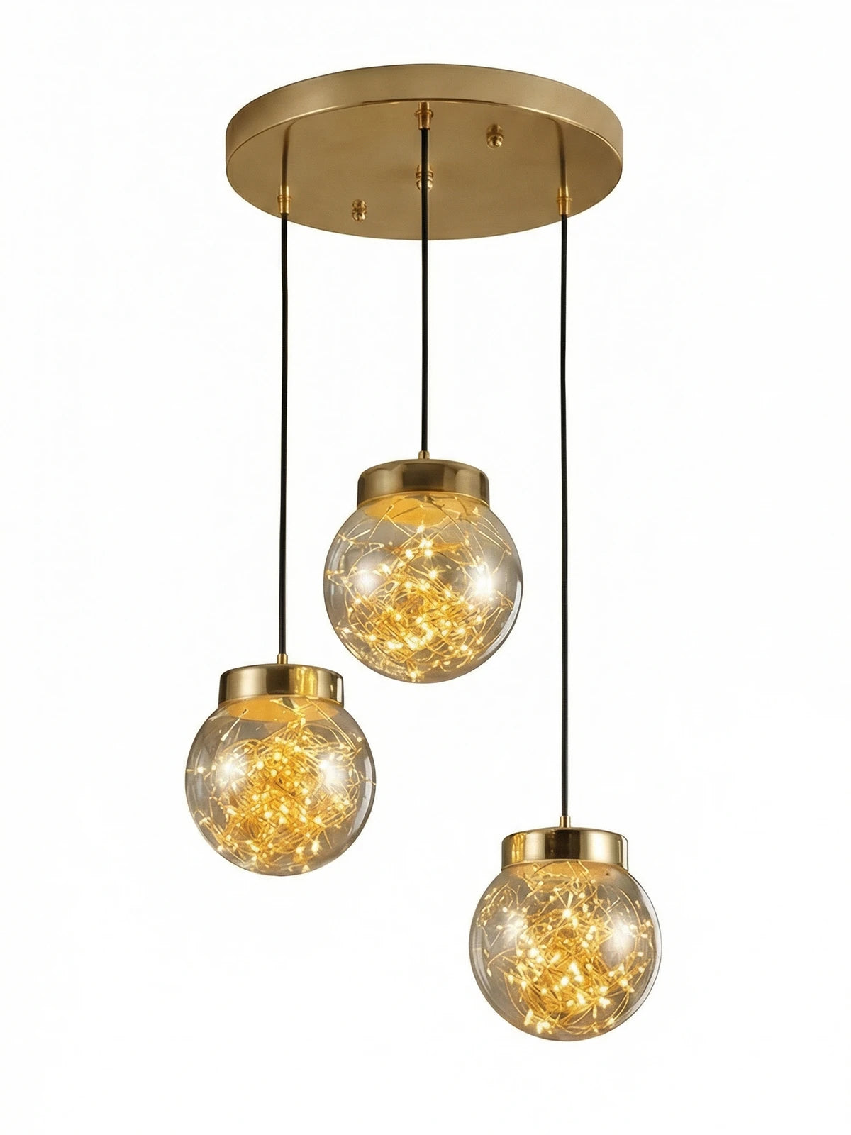 Glow 3’lü Peri LED Avize – Bal / Füme Cam Küreli Modern Sarkıt Avize (Gold & Krom Kaplama)