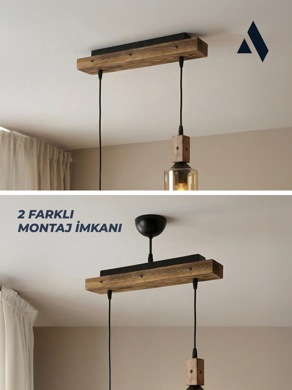 Altira 2'li Ahşap Sarkıt Avize – Modern Camlı Sıralı Mutfak ve Yemek Masası Avizesi