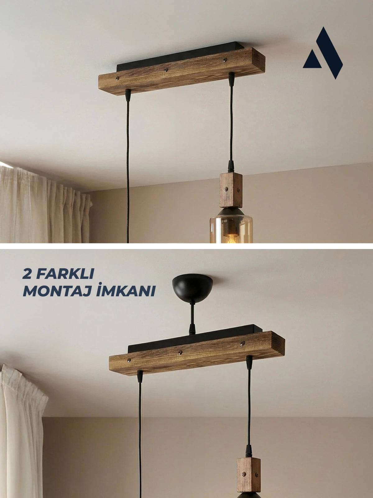 Altira 2'li Ahşap Sarkıt Avize – Modern Camlı Sıralı Mutfak ve Yemek Masası Avizesi