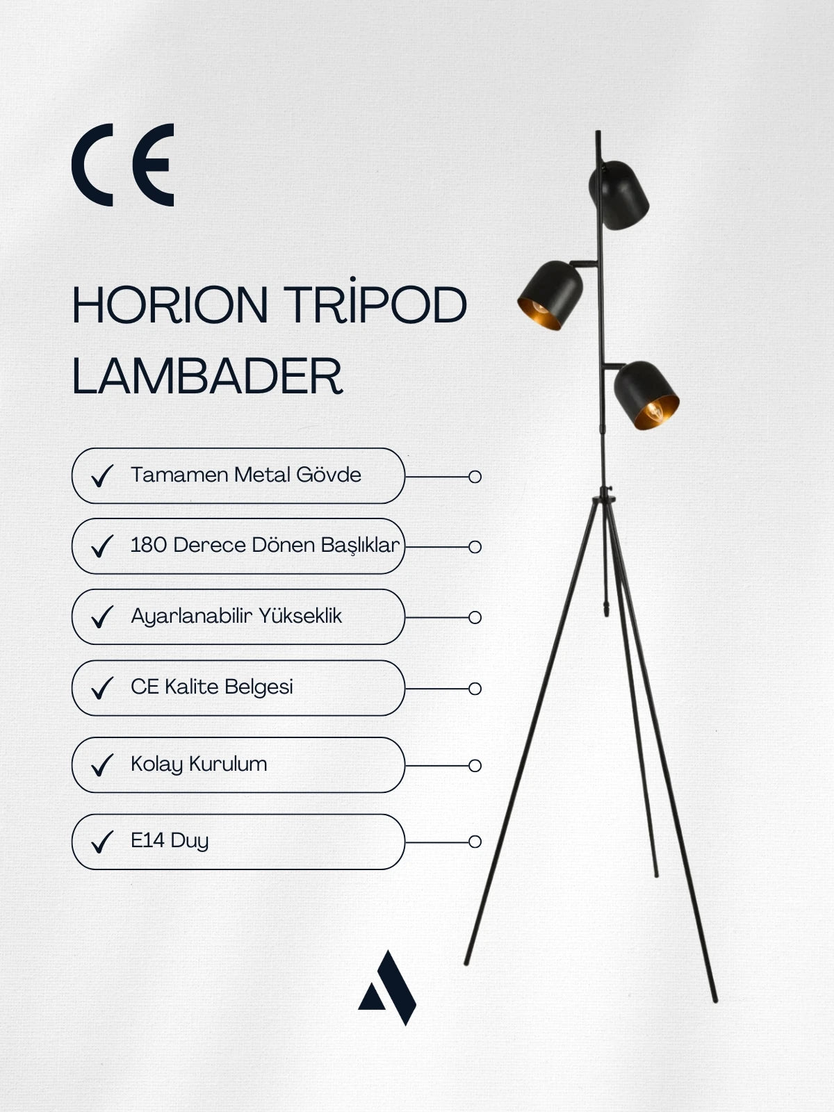 Horion Tripod Lambader – 3 Başlıklı, Ayarlanabilir, Metal Gövde (Siyah, Beyaz, Eskitme)