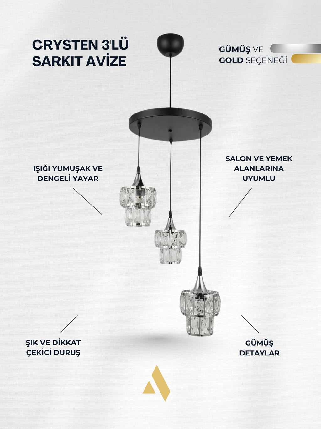 Crysten Luxe 3’lü Kristal Taşlı Sarkıt Avize (Gold & Silver)