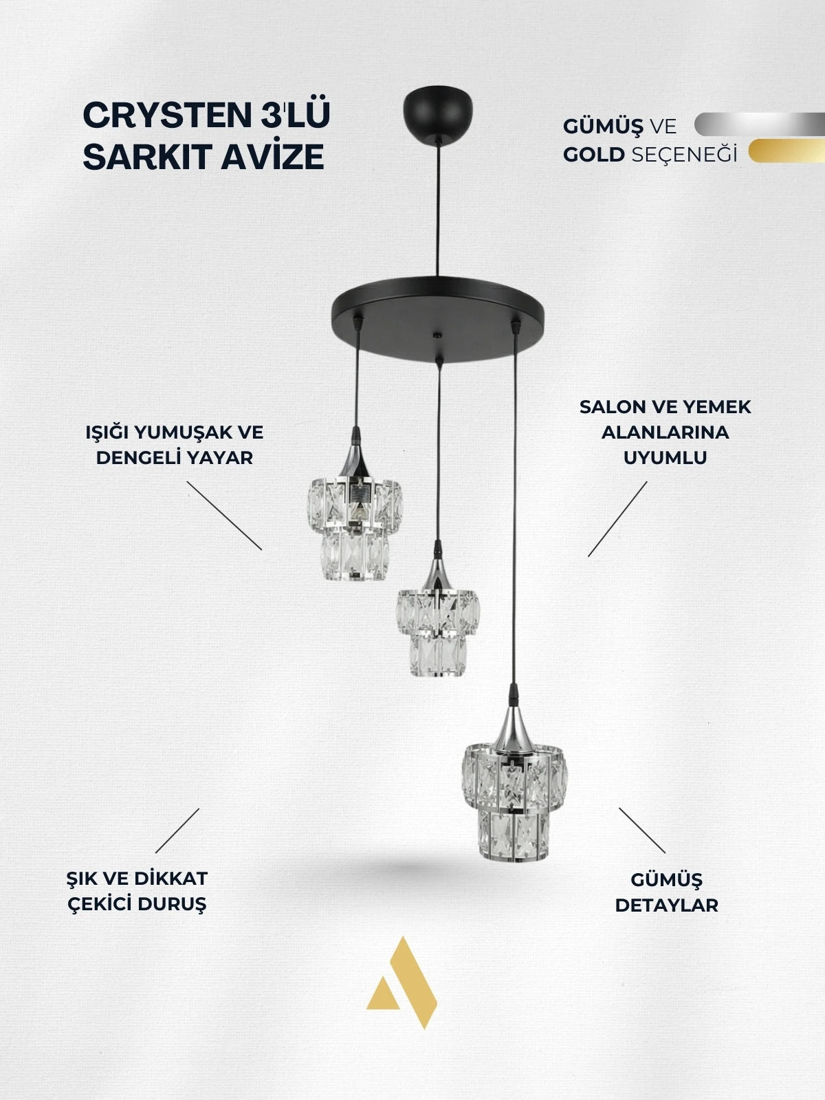 Crysten Luxe 3’lü Kristal Taşlı Sarkıt Avize (Gold & Silver)
