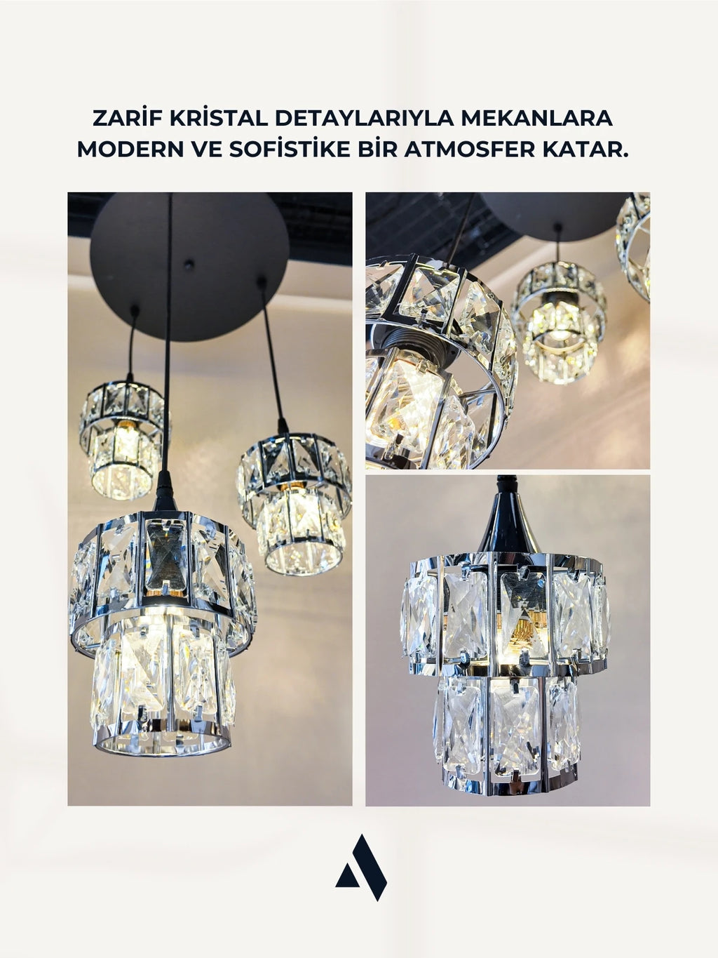 Crysten Luxe 3’lü Kristal Taşlı Sarkıt Avize (Gold & Silver)