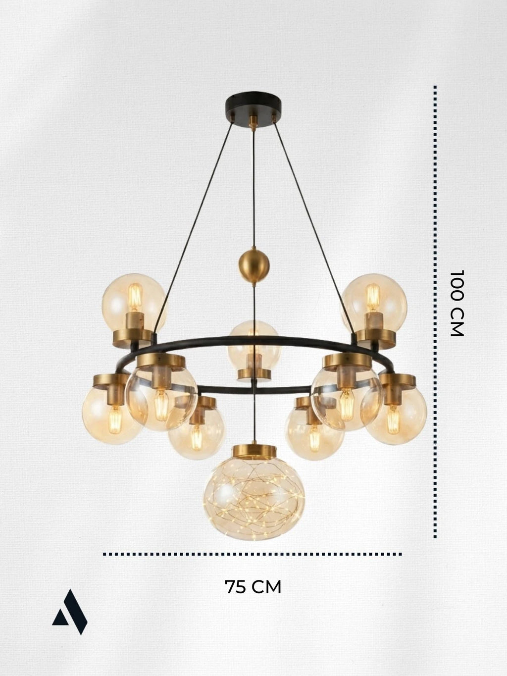 Alldesco Celestra 9’lu Bal Camlı Peri LED Modern Salon Avizesi – Gold Detaylı Siyah Sarkıt Avize
