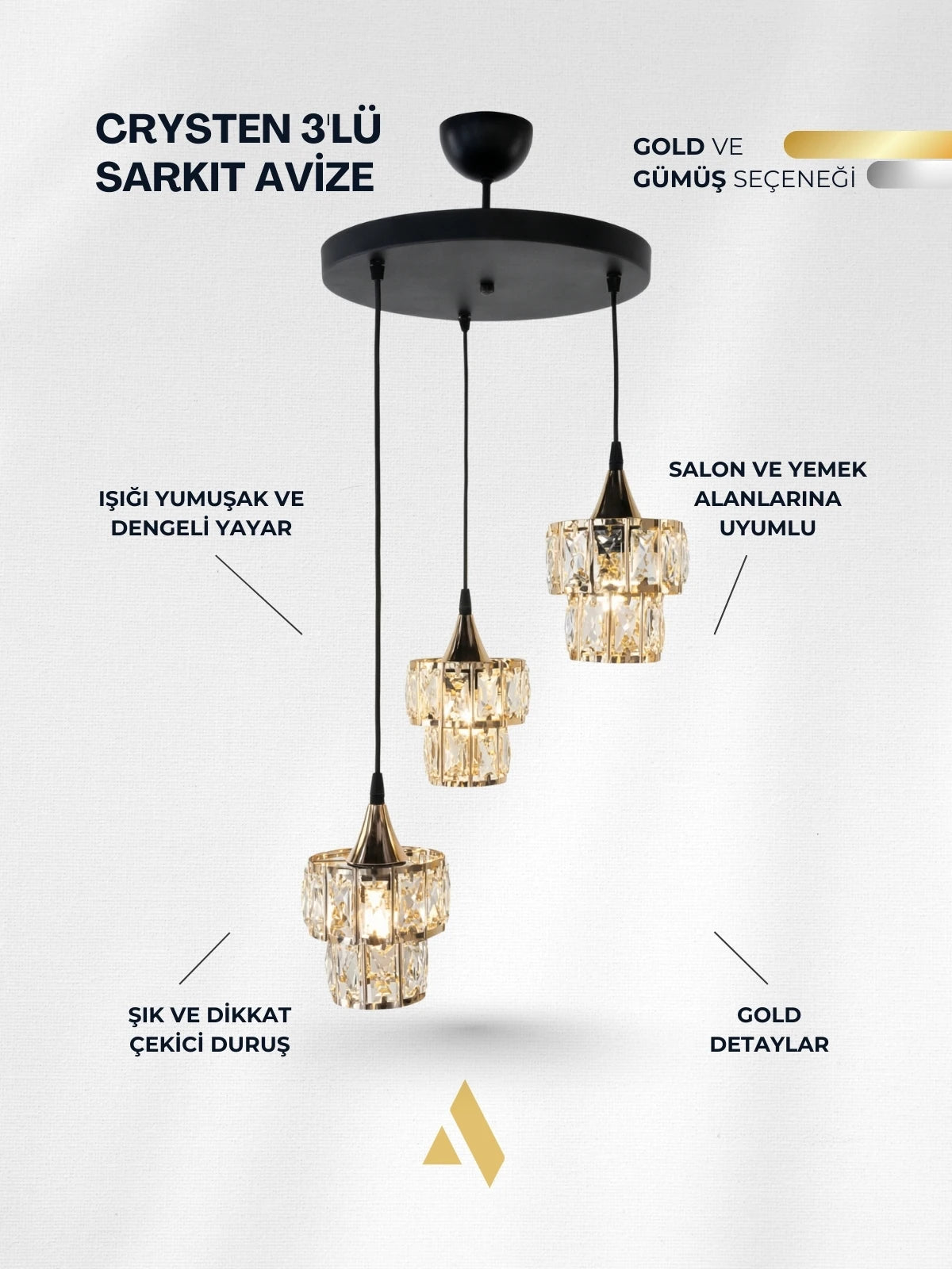Crysten Luxe 3’lü Kristal Taşlı Sarkıt Avize (Gold & Silver)
