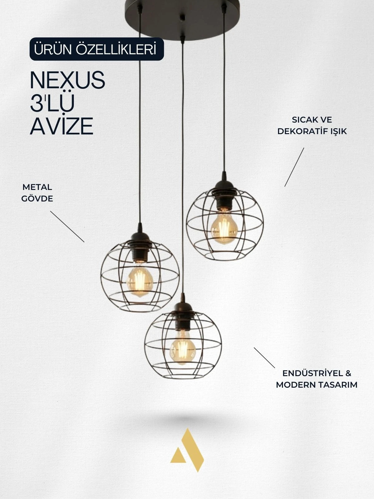Nexus 3’lü Tel Kafes Avize – Endüstriyel Metal Avize (Camsız / Bal Cam / Beyaz Cam)