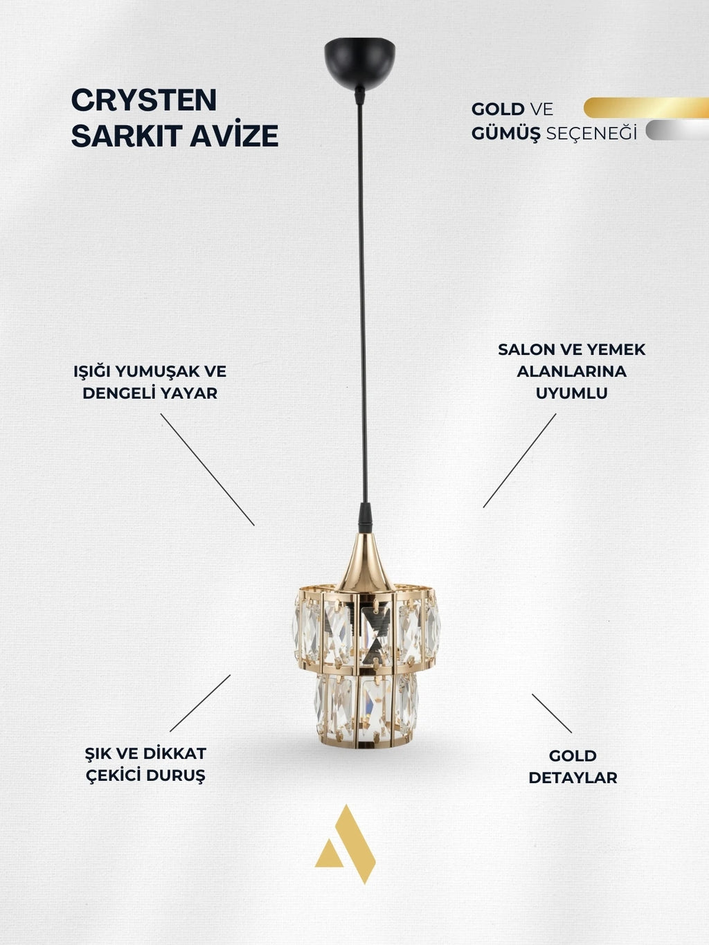 Crysten Luxe Tekli Kristal Taşlı Sarkıt Avize | Gold & Krom Zarif Aydınlatma