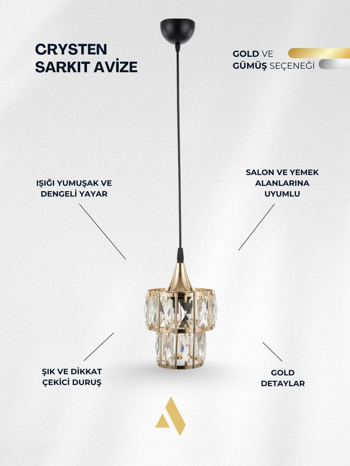 Crysten Luxe Tekli Kristal Taşlı Sarkıt Avize | Gold & Krom Zarif Aydınlatma