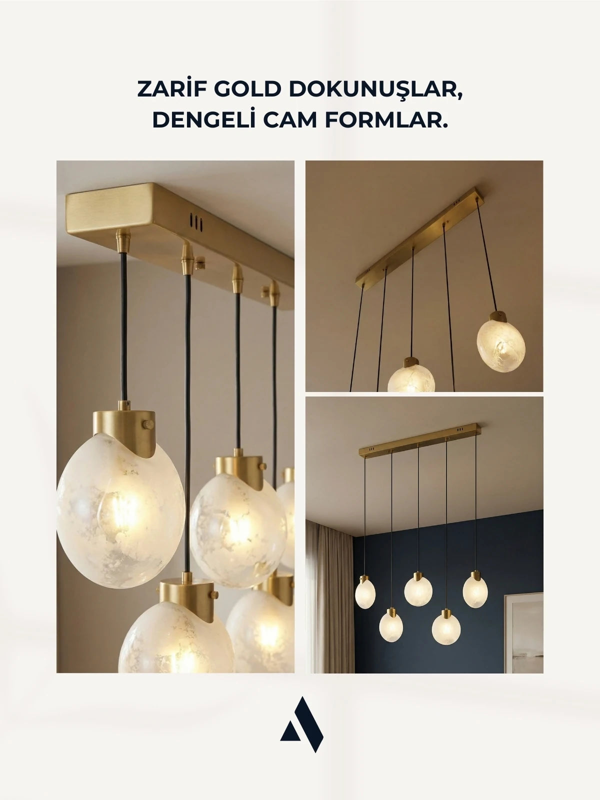 Fiora 5’li Sıralı Avize | Opal Camlı, Gold & Silver Yemek Masası Aydınlatması