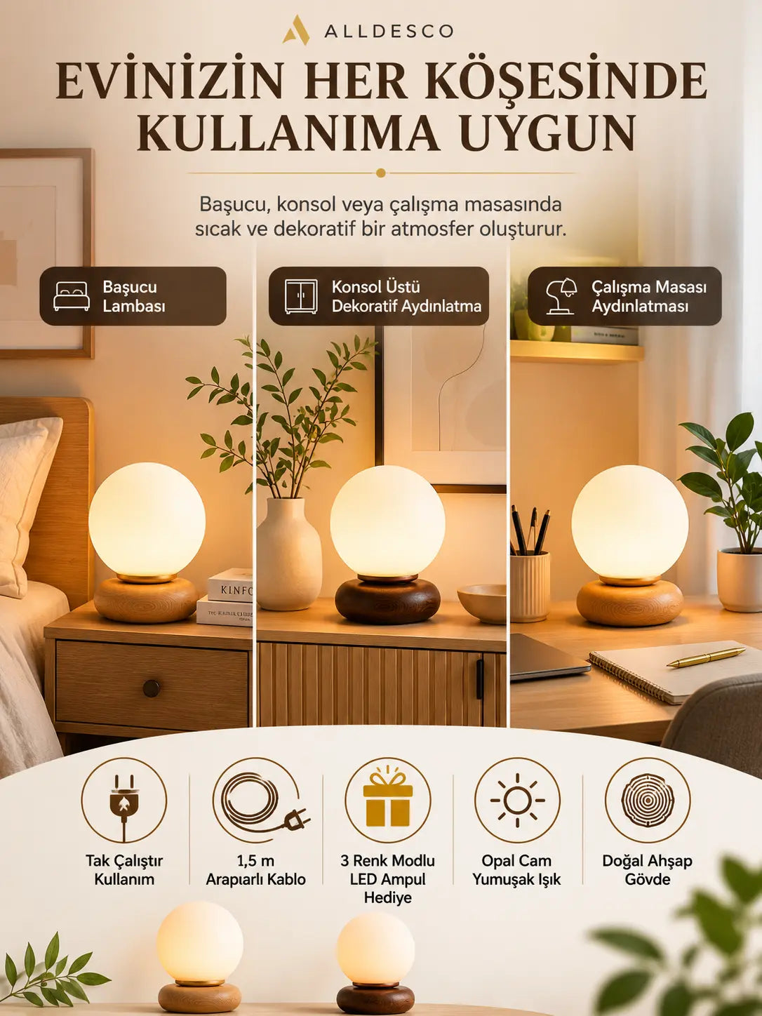 Alldesco Orbina Soft Opal Cam Masa Lambası – Ahşap Tabanlı Minimal Abajur