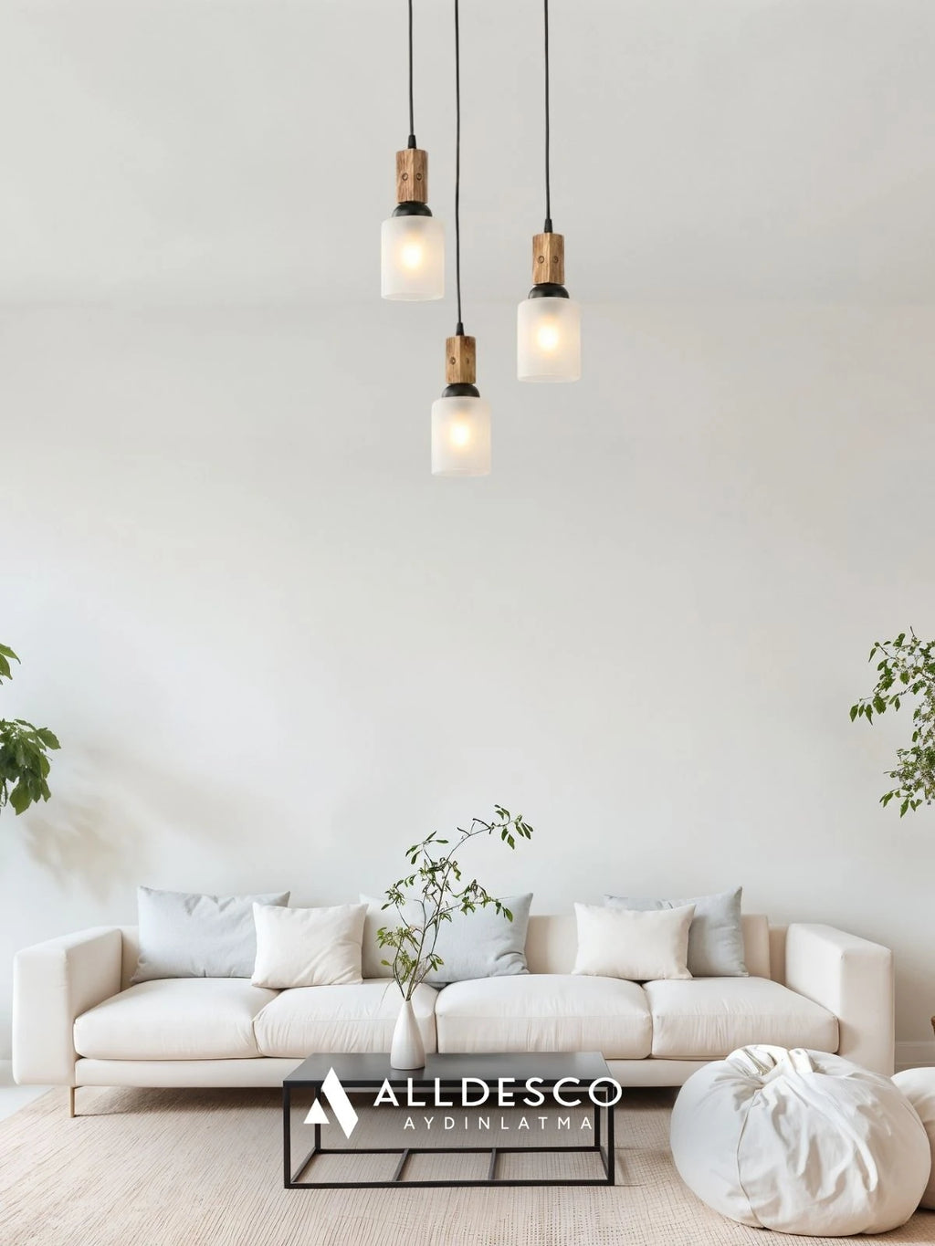 Altira 3'lü Ahşap Sarkıt Avize – Modern Camlı Tepsili Dekoratif Salon ve Yemek Masası Avizesi