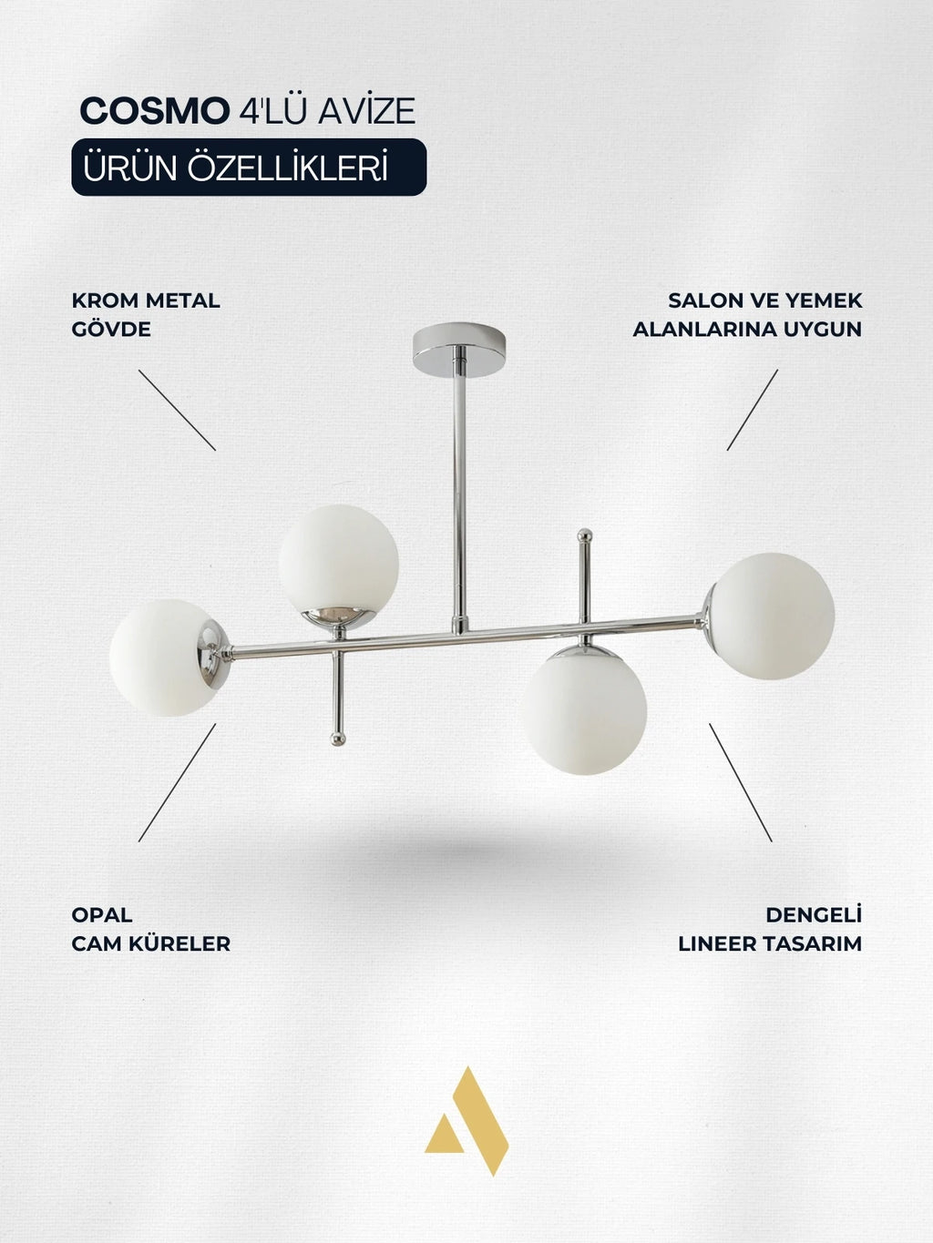 Cosmo 4’lü Modern Avize – Opal Cam Küreli Krom / Gold Metal Salon Avizesi