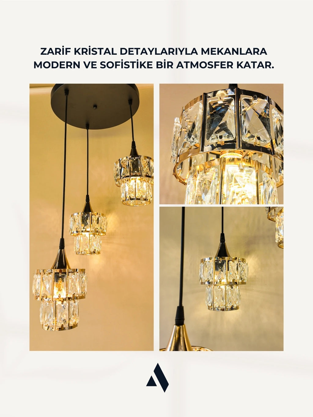 Crysten Luxe 3’lü Kristal Taşlı Sarkıt Avize (Gold & Silver)