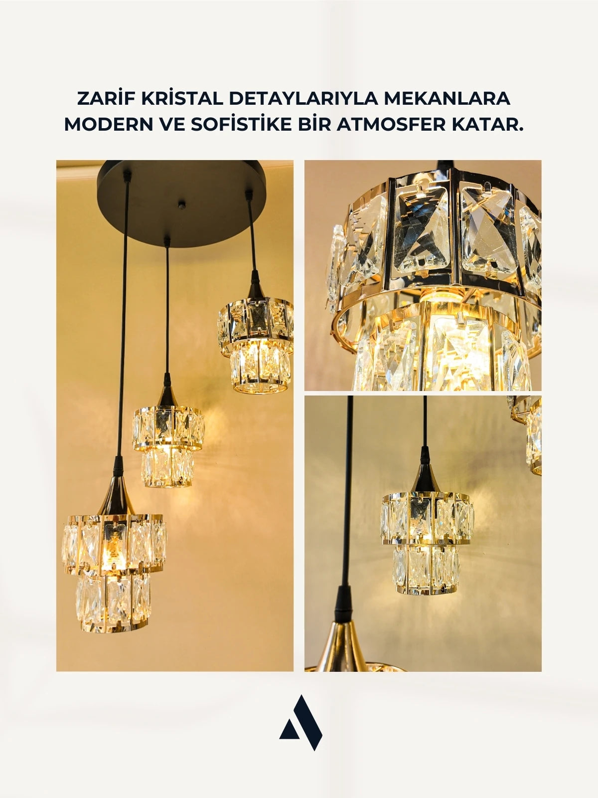 Crysten Luxe 3’lü Kristal Taşlı Sarkıt Avize (Gold & Silver)