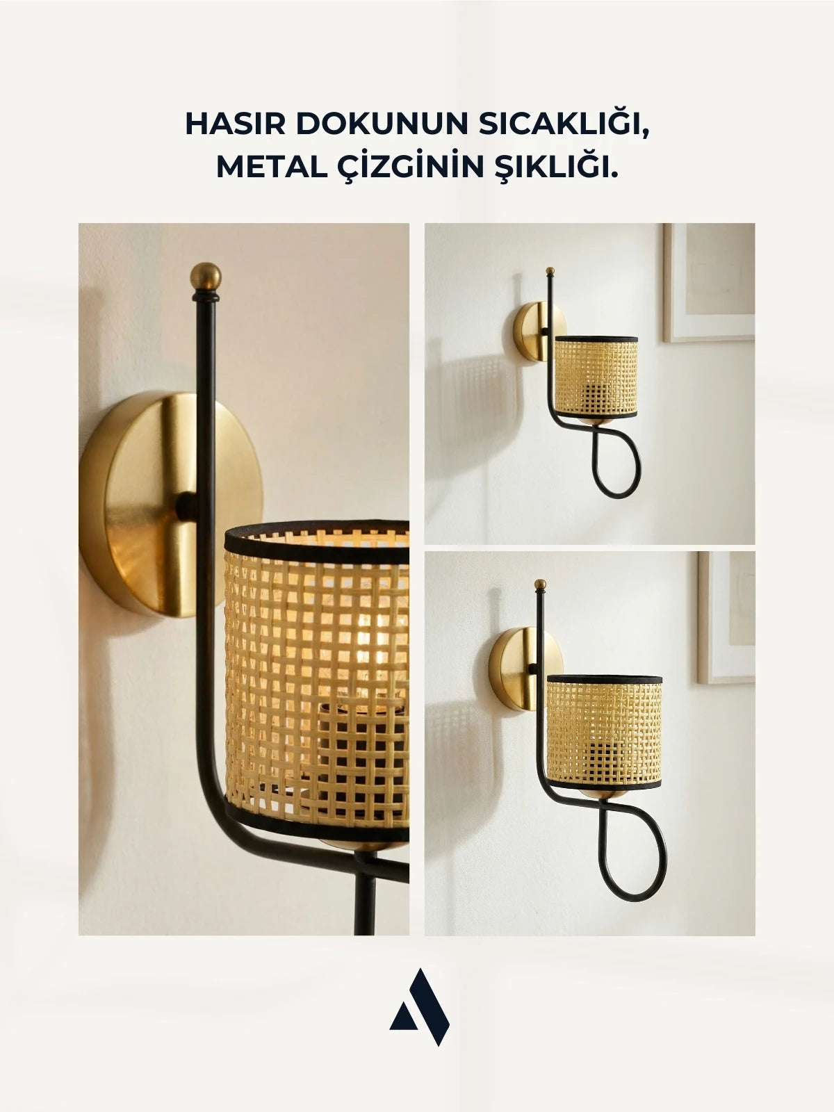 Bohemia Hasır Şapkalı Duvar Apliği – Gold Kaplama Metal Gövde | E27 Duy, Boho Dekoratif Aydınlatma