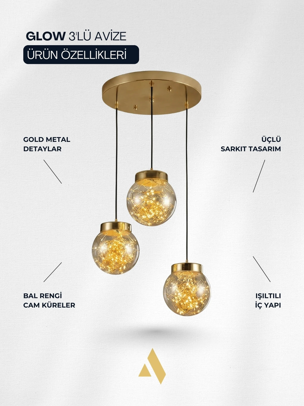 Glow 3’lü Peri LED Avize – Bal / Füme Cam Küreli Modern Sarkıt Avize (Gold & Krom Kaplama)
