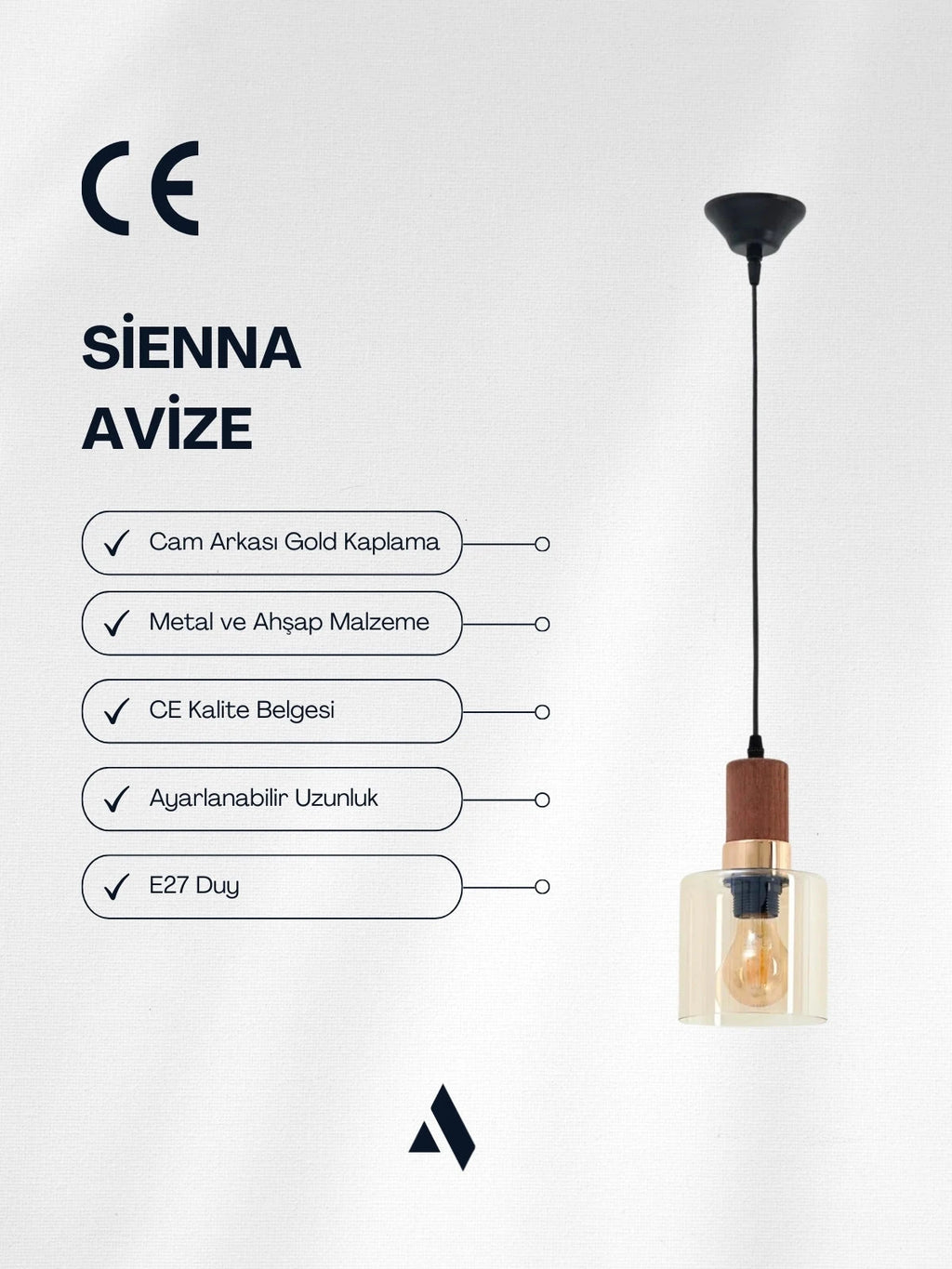 Sienna Tekli Cam Sarkıt Avize – Modern Tasarım, Ahşap ve Gold Detaylı, Ayarlanabilir Uzunluk