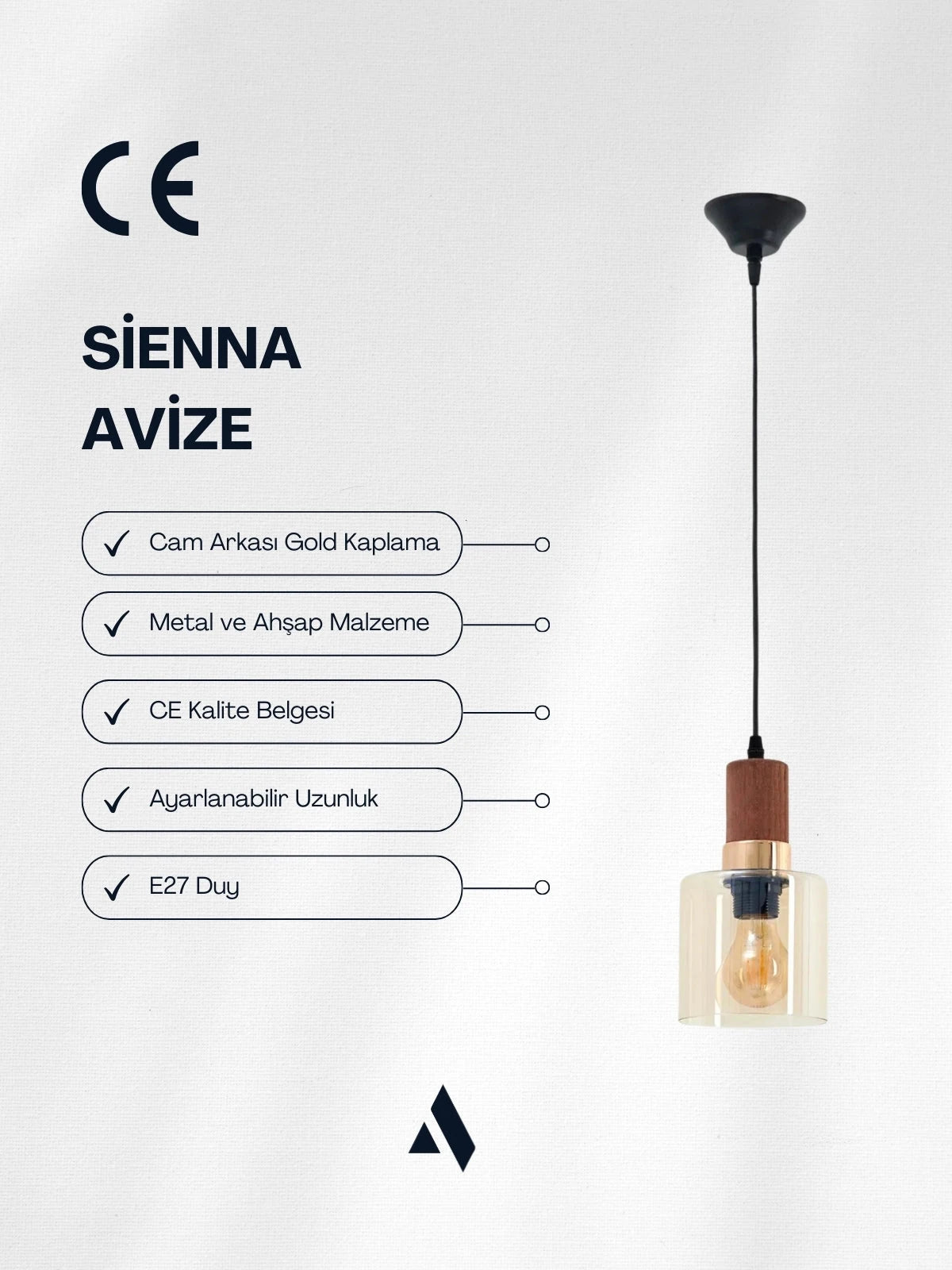 Sienna Tekli Cam Sarkıt Avize – Modern Tasarım, Ahşap ve Gold Detaylı, Ayarlanabilir Uzunluk