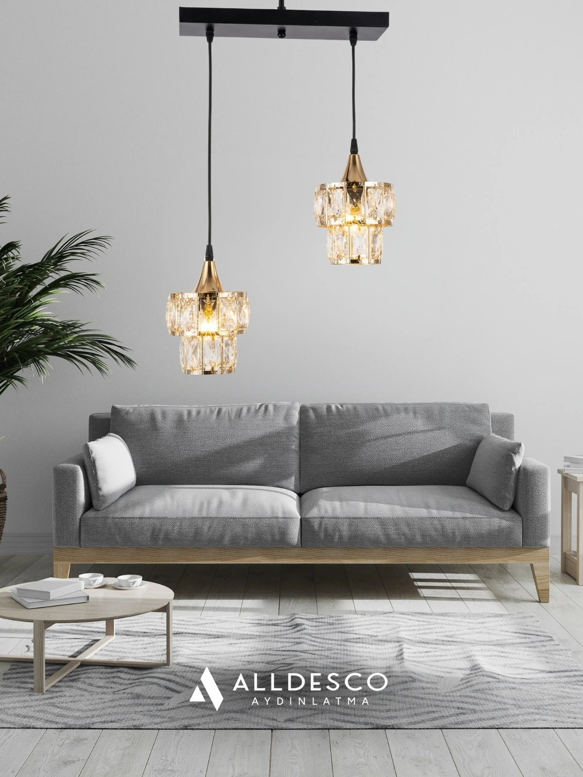 Crysten Luxe 2’li Kristal Taşlı Sarkıt Avize | Gold & Krom Başlıklı Modern Lüks Aydınlatma