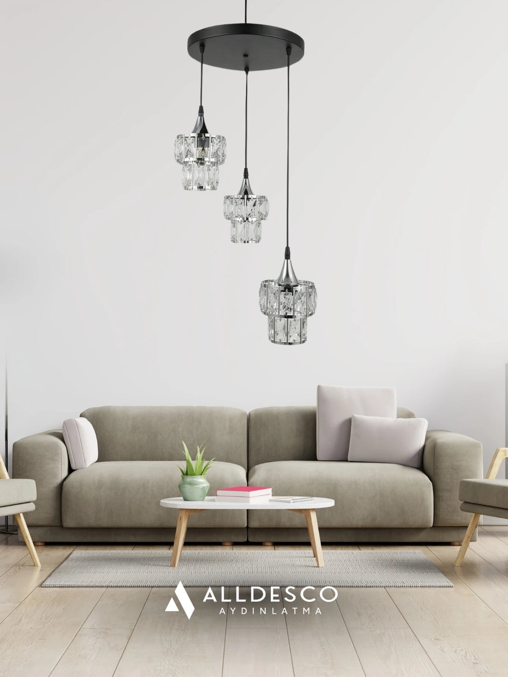 Crysten Luxe 3’lü Kristal Taşlı Sarkıt Avize (Gold & Silver)