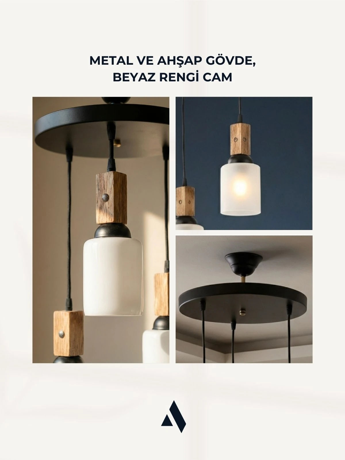 Altira 3'lü Ahşap Sarkıt Avize – Modern Camlı Tepsili Dekoratif Salon ve Yemek Masası Avizesi