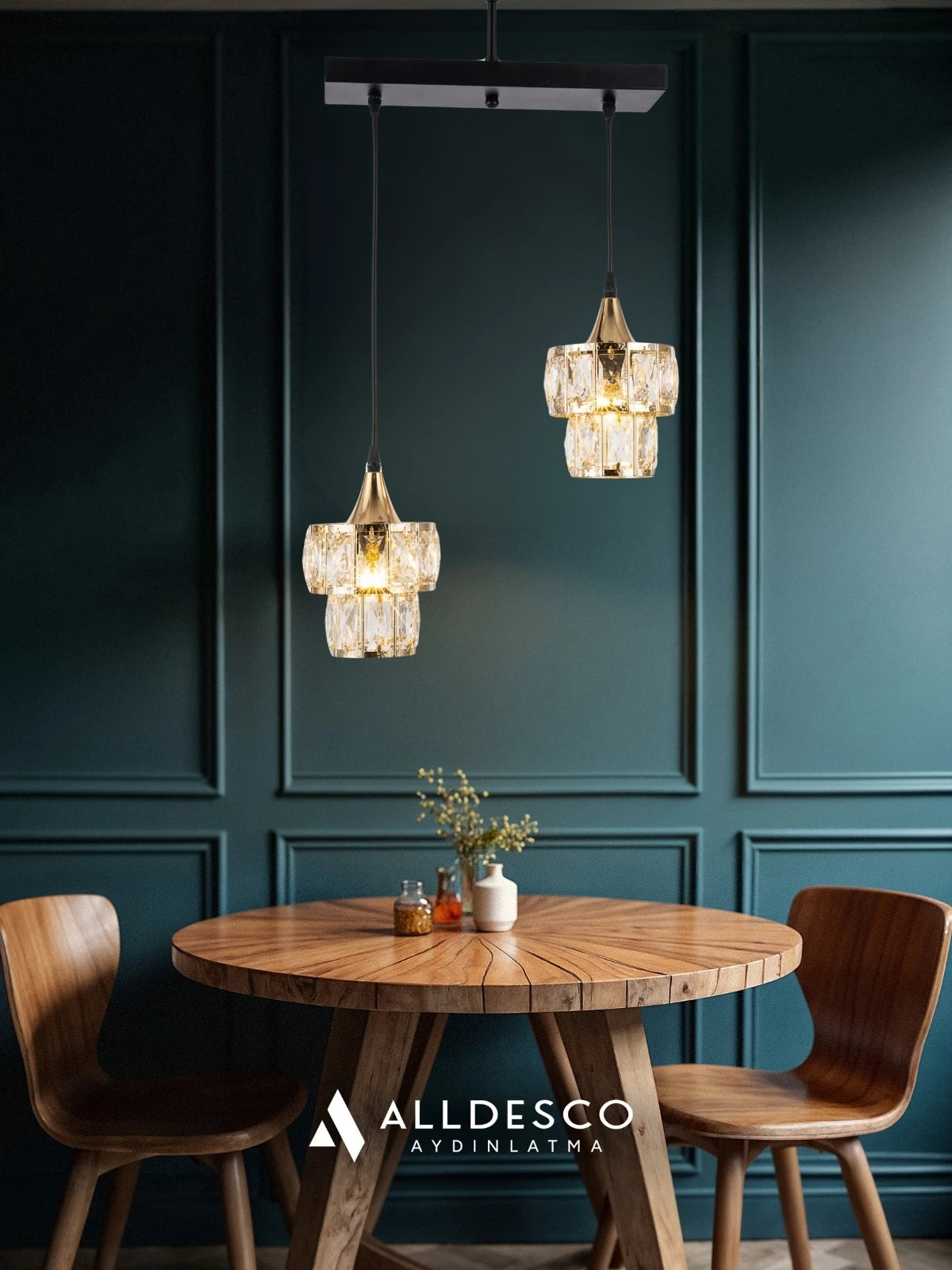 Crysten Luxe 2’li Kristal Taşlı Sarkıt Avize | Gold & Krom Başlıklı Modern Lüks Aydınlatma