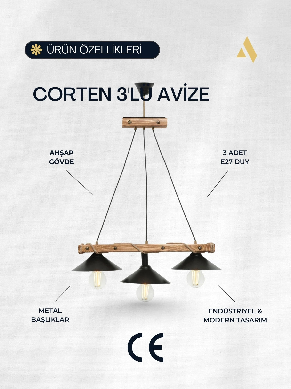 Corten Endüstriyel 3’lü Avize – Halatlı Ahşap Gövde, Siyah Başlık