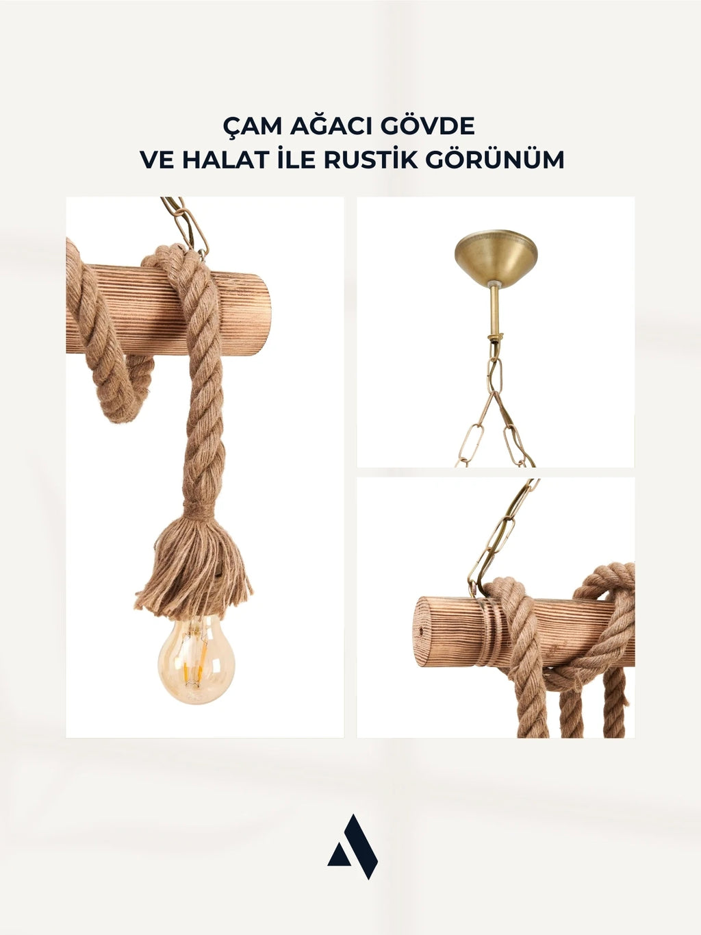 Cordela 4’lü Halatlı Rustik Ahşap Sarkıt Avize | Ayarlanabilir Zincirli, Otantik Tavan Aydınlatması