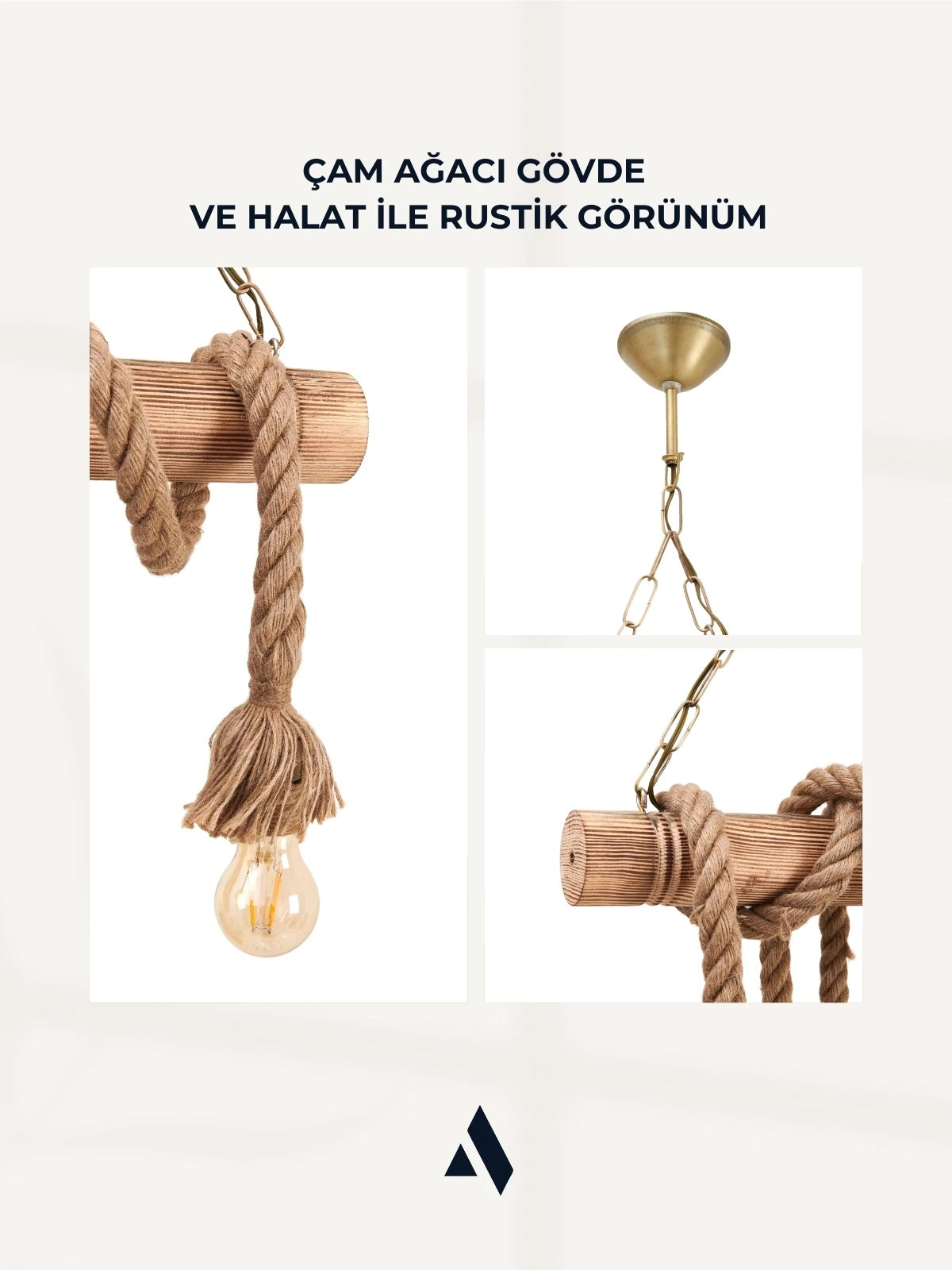 Cordela 4’lü Halatlı Rustik Ahşap Sarkıt Avize | Ayarlanabilir Zincirli, Otantik Tavan Aydınlatması