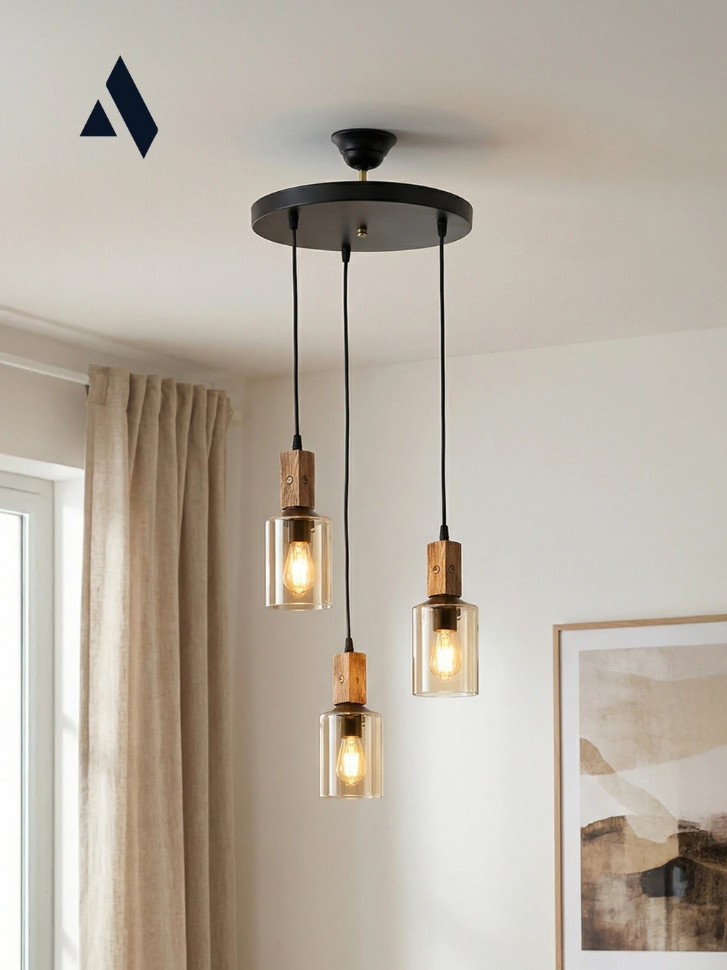 Altira 3'lü Ahşap Sarkıt Avize – Modern Camlı Tepsili Dekoratif Salon ve Yemek Masası Avizesi